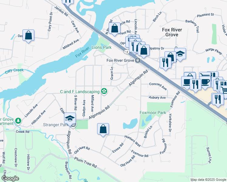 map of restaurants, bars, coffee shops, grocery stores, and more near 601 Grace Lane in Fox River Grove