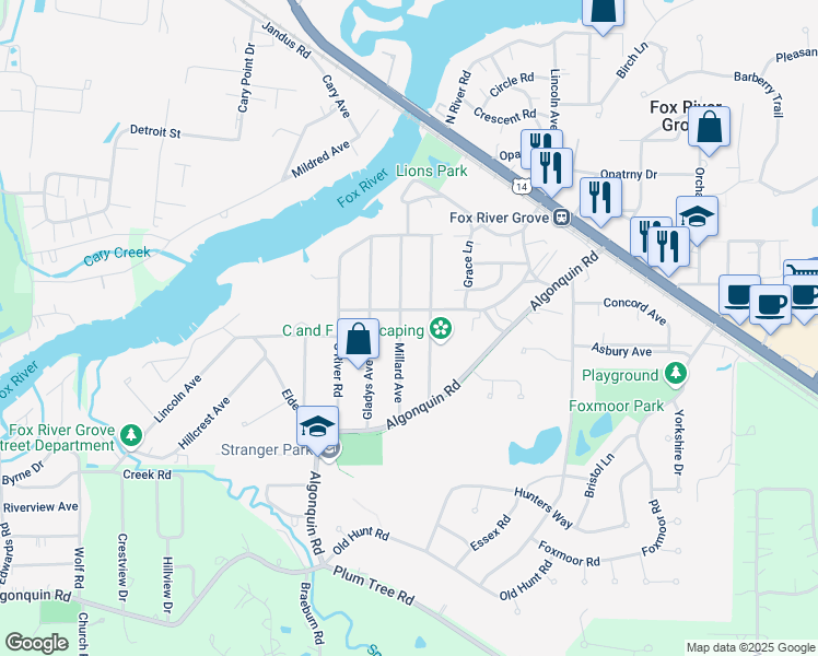 map of restaurants, bars, coffee shops, grocery stores, and more near 201 Millard Avenue in Fox River Grove