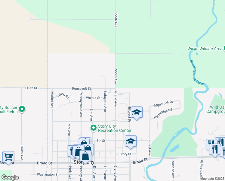map of restaurants, bars, coffee shops, grocery stores, and more near 1134 Grand Avenue in Story City