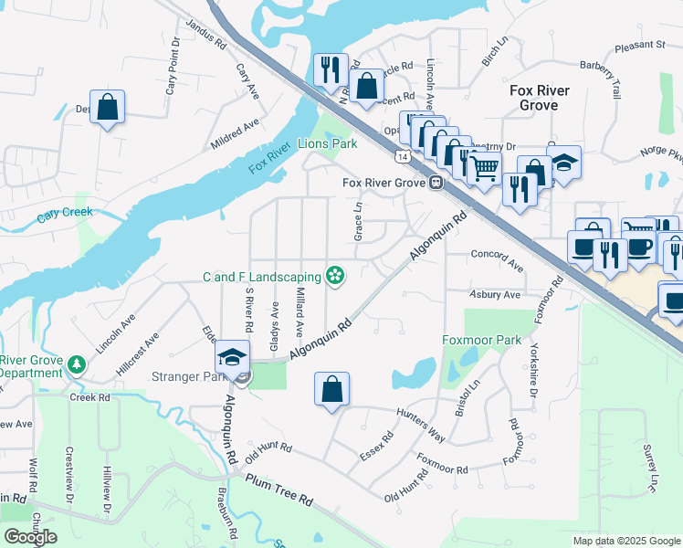 map of restaurants, bars, coffee shops, grocery stores, and more near 609 Lincoln Avenue in Fox River Grove
