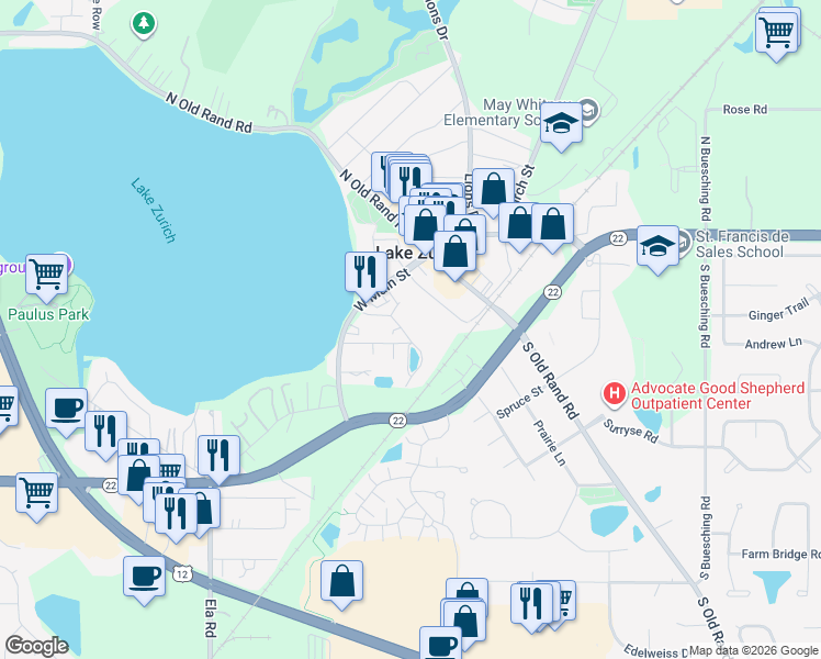 map of restaurants, bars, coffee shops, grocery stores, and more near 36 Mionske Drive in Lake Zurich