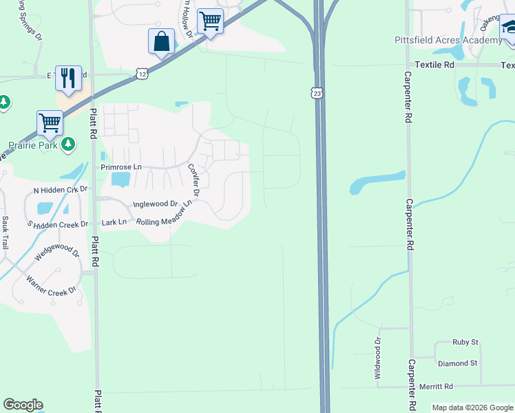 map of restaurants, bars, coffee shops, grocery stores, and more near 4320 Rolling Meadow Lane in Ypsilanti