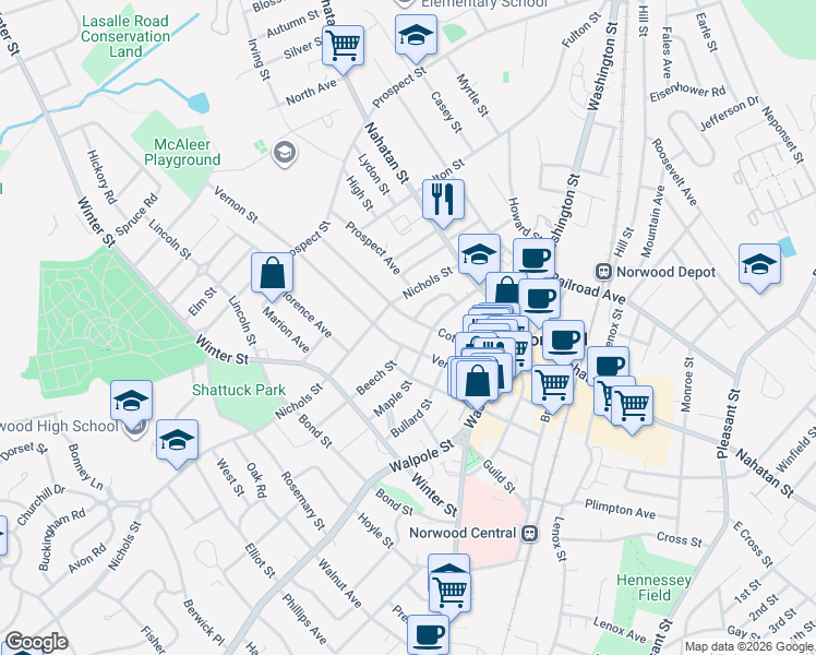 map of restaurants, bars, coffee shops, grocery stores, and more near 84 Cottage Street in Norwood