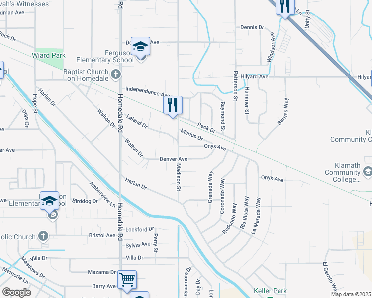 map of restaurants, bars, coffee shops, grocery stores, and more near 5822 Onyx Avenue in Klamath Falls