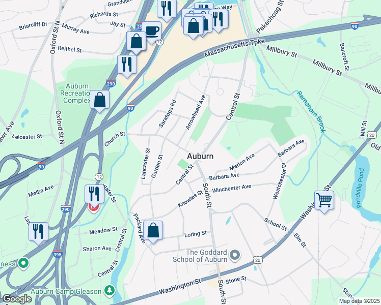 map of restaurants, bars, coffee shops, grocery stores, and more near 10 Church Street in Auburn