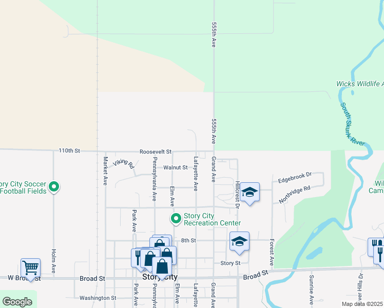 map of restaurants, bars, coffee shops, grocery stores, and more near 1117 Lafayette Avenue in Story City
