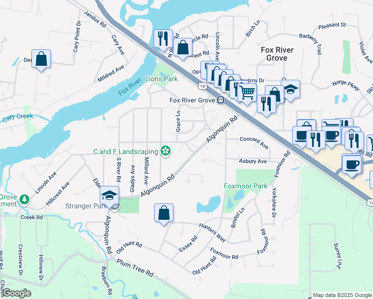 map of restaurants, bars, coffee shops, grocery stores, and more near 601 Grace Ln in Fox River Grove