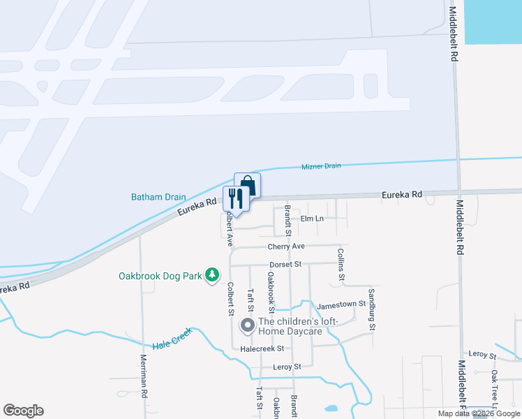 map of restaurants, bars, coffee shops, grocery stores, and more near 30565 Eureka Road in Romulus