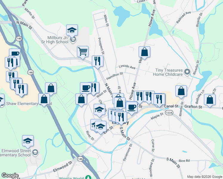 map of restaurants, bars, coffee shops, grocery stores, and more near 72 North Main Street in Millbury