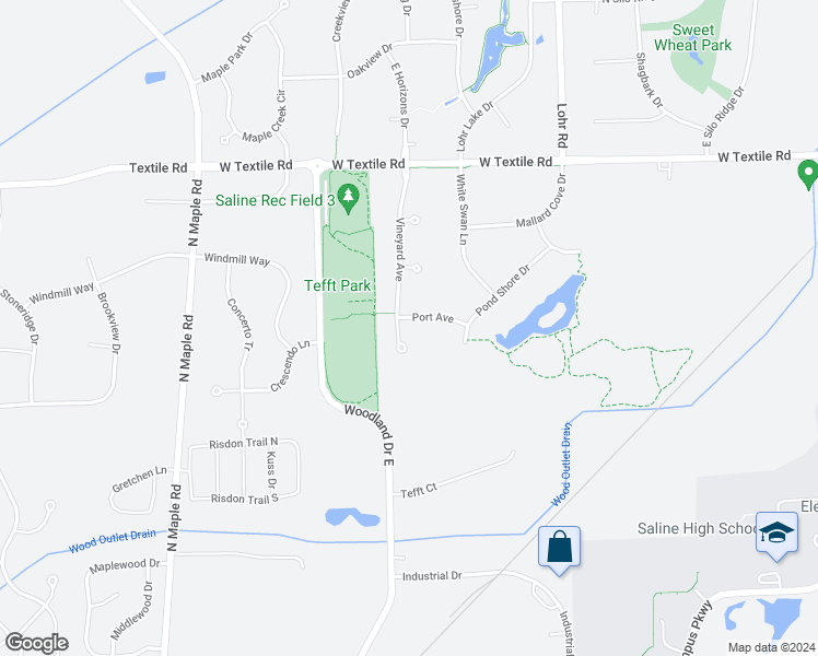 map of restaurants, bars, coffee shops, grocery stores, and more near 2065 Port Avenue in Ann Arbor