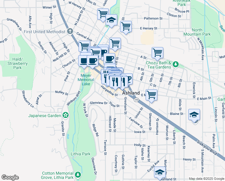 map of restaurants, bars, coffee shops, grocery stores, and more near 35 South 2nd Street in Ashland