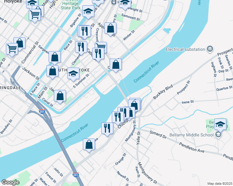 map of restaurants, bars, coffee shops, grocery stores, and more near 4 Cabot Street in Holyoke