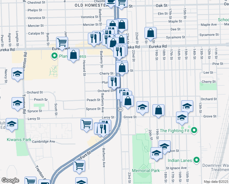 map of restaurants, bars, coffee shops, grocery stores, and more near 12798 Orchard Street in Southgate