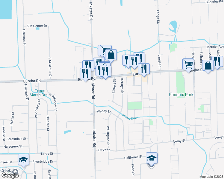 map of restaurants, bars, coffee shops, grocery stores, and more near 15104 Siebert Street in Taylor