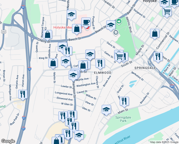 map of restaurants, bars, coffee shops, grocery stores, and more near 527 South Street in Holyoke