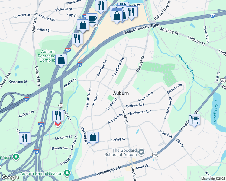 map of restaurants, bars, coffee shops, grocery stores, and more near 10 Church Street in Auburn