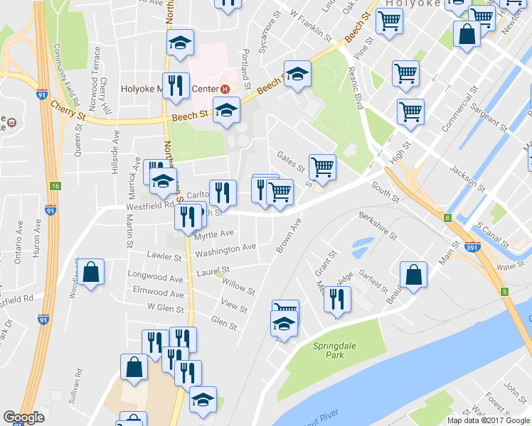 map of restaurants, bars, coffee shops, grocery stores, and more near 455 South St in Holyoke