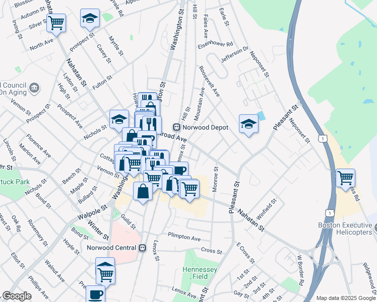 map of restaurants, bars, coffee shops, grocery stores, and more near 9 K Street in Norwood