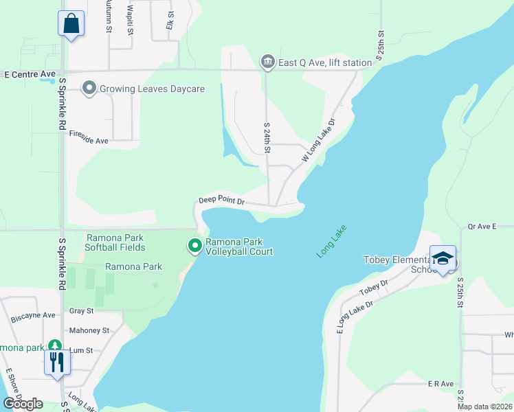 map of restaurants, bars, coffee shops, grocery stores, and more near 5104 Deep Point Drive in Kalamazoo