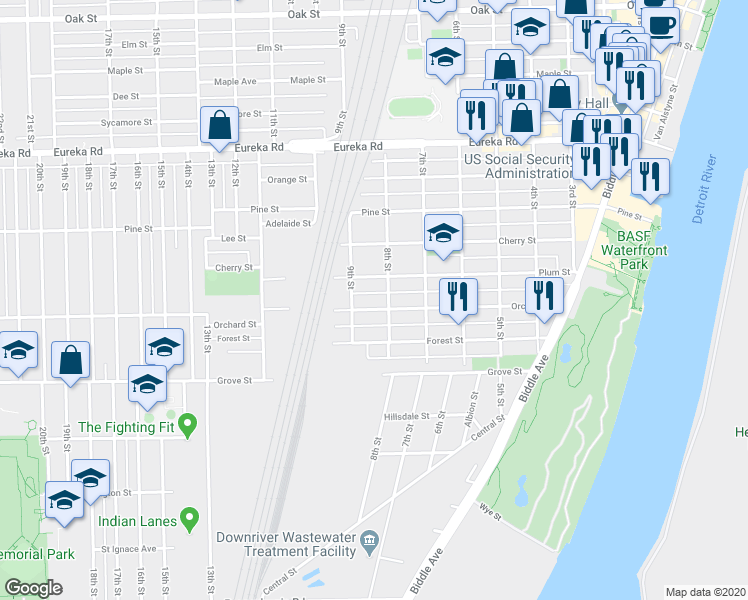 map of restaurants, bars, coffee shops, grocery stores, and more near 824 Orchard Street in Wyandotte