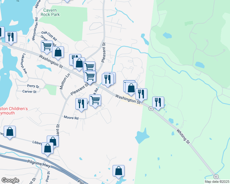 map of restaurants, bars, coffee shops, grocery stores, and more near 1300 Washington Street in Weymouth