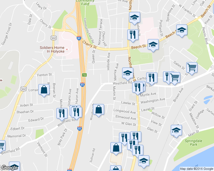 map of restaurants, bars, coffee shops, grocery stores, and more near 84-86 Westfield Road in Holyoke