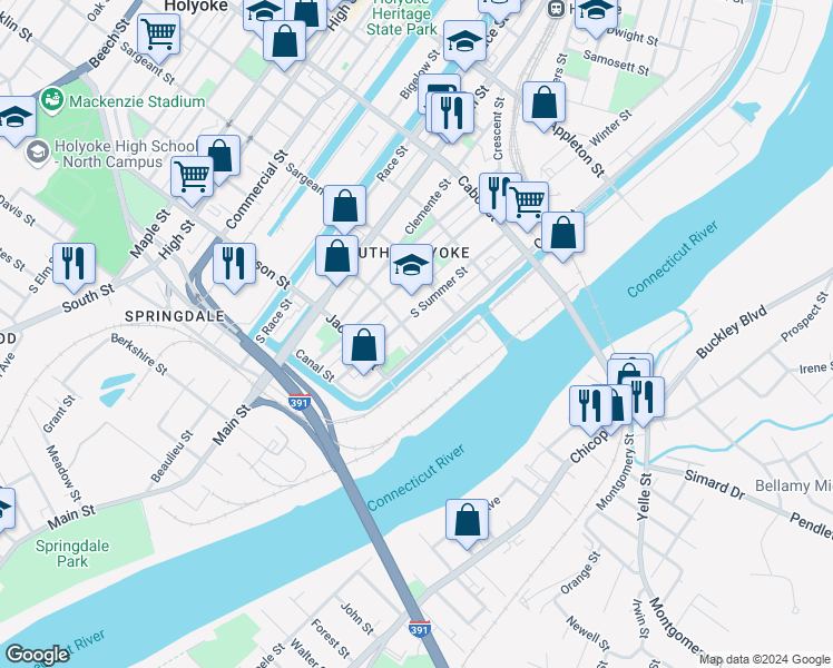 map of restaurants, bars, coffee shops, grocery stores, and more near 5 Adams Street in Holyoke