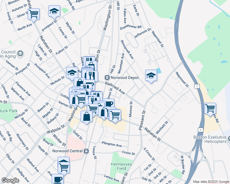 map of restaurants, bars, coffee shops, grocery stores, and more near 9 K Street in Norwood