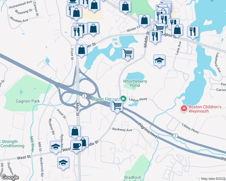 map of restaurants, bars, coffee shops, grocery stores, and more near 8 Tara Drive in Weymouth