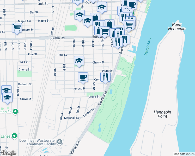 map of restaurants, bars, coffee shops, grocery stores, and more near 450 Orchard Street in Wyandotte