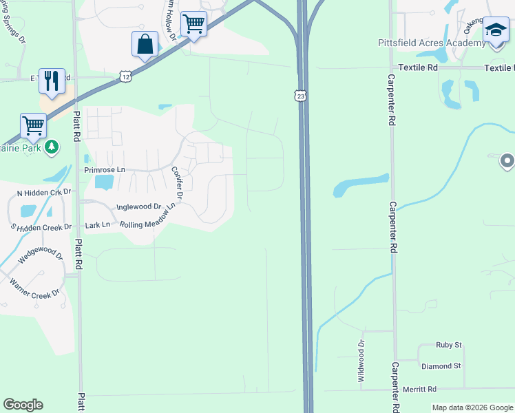 map of restaurants, bars, coffee shops, grocery stores, and more near 6514 Castaway Lane in Ypsilanti