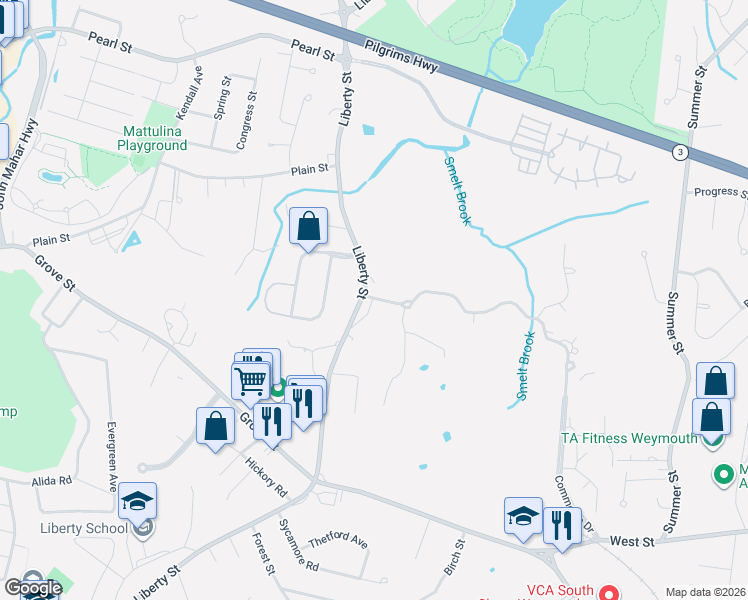 map of restaurants, bars, coffee shops, grocery stores, and more near 788 Liberty Street in Braintree