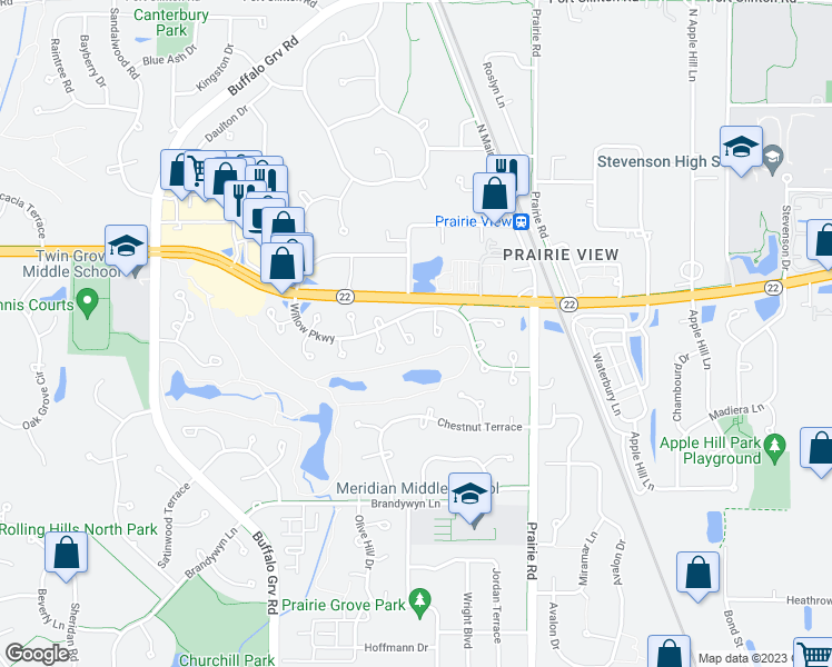 map of restaurants, bars, coffee shops, grocery stores, and more near 135 Willow Parkway in Buffalo Grove