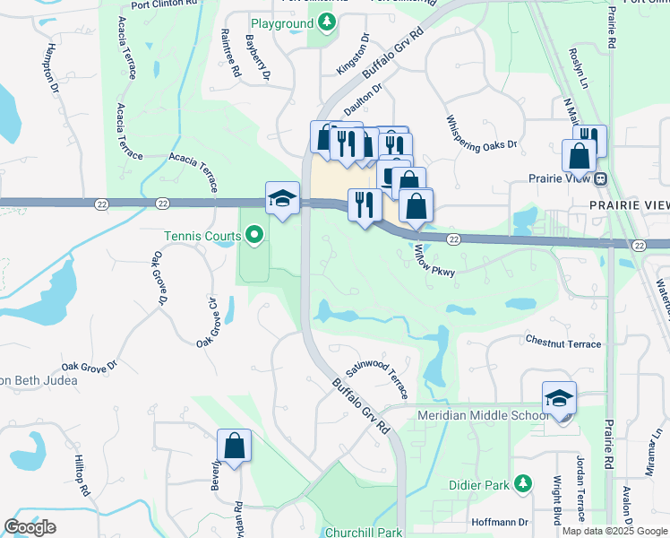 map of restaurants, bars, coffee shops, grocery stores, and more near 494 Banyan Tree Lane in Buffalo Grove