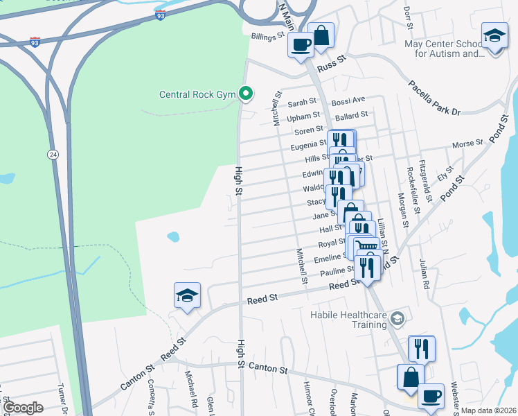 map of restaurants, bars, coffee shops, grocery stores, and more near 47 Stacy Street in Randolph