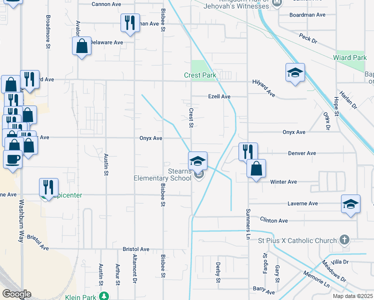 map of restaurants, bars, coffee shops, grocery stores, and more near 3440 Crest Street in Klamath Falls