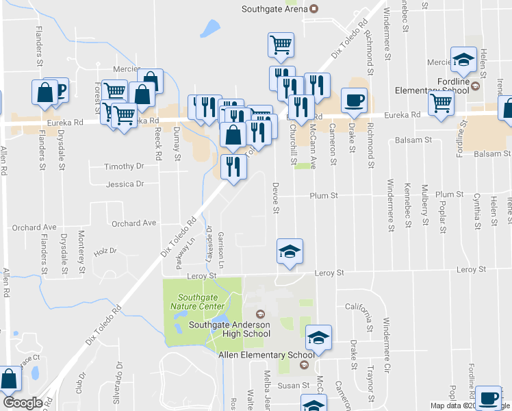map of restaurants, bars, coffee shops, grocery stores, and more near 15610 Garrison Lane in Southgate