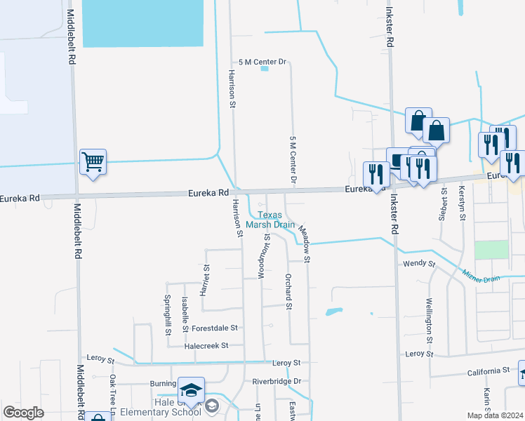 map of restaurants, bars, coffee shops, grocery stores, and more near 15080 Woodmont Court in Romulus