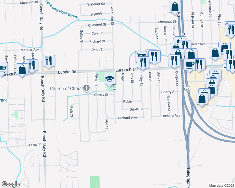 map of restaurants, bars, coffee shops, grocery stores, and more near 15179 Westlake Street in Taylor