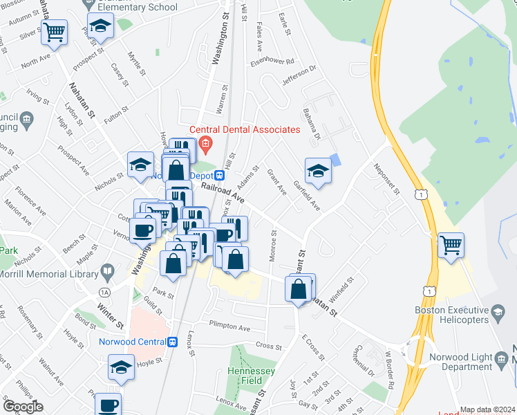 map of restaurants, bars, coffee shops, grocery stores, and more near 73 Railroad Avenue in Norwood