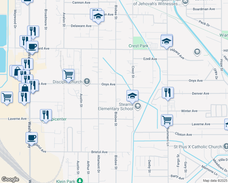 map of restaurants, bars, coffee shops, grocery stores, and more near 3429 Bisbee Street in Klamath Falls