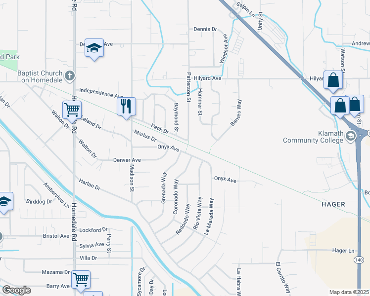 map of restaurants, bars, coffee shops, grocery stores, and more near 6127 Onyx Avenue in Klamath Falls