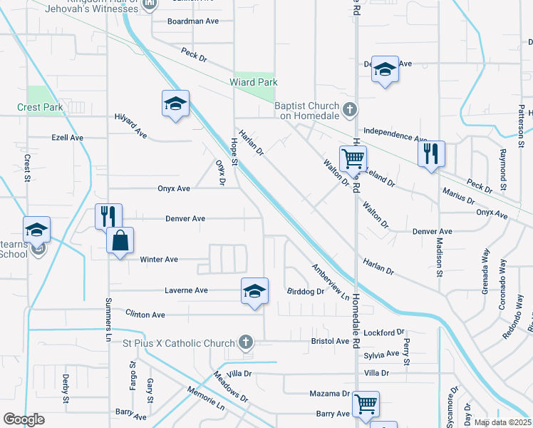 map of restaurants, bars, coffee shops, grocery stores, and more near 3471 Hope Street in Klamath Falls