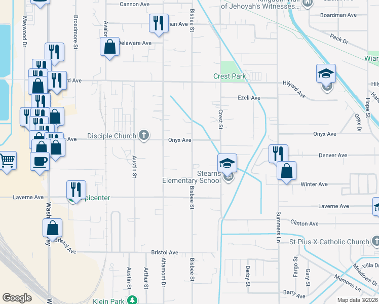 map of restaurants, bars, coffee shops, grocery stores, and more near 3429 Bisbee Street in Klamath Falls