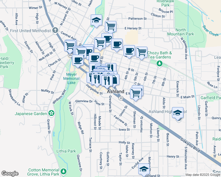 map of restaurants, bars, coffee shops, grocery stores, and more near 369 East Main Street in Ashland