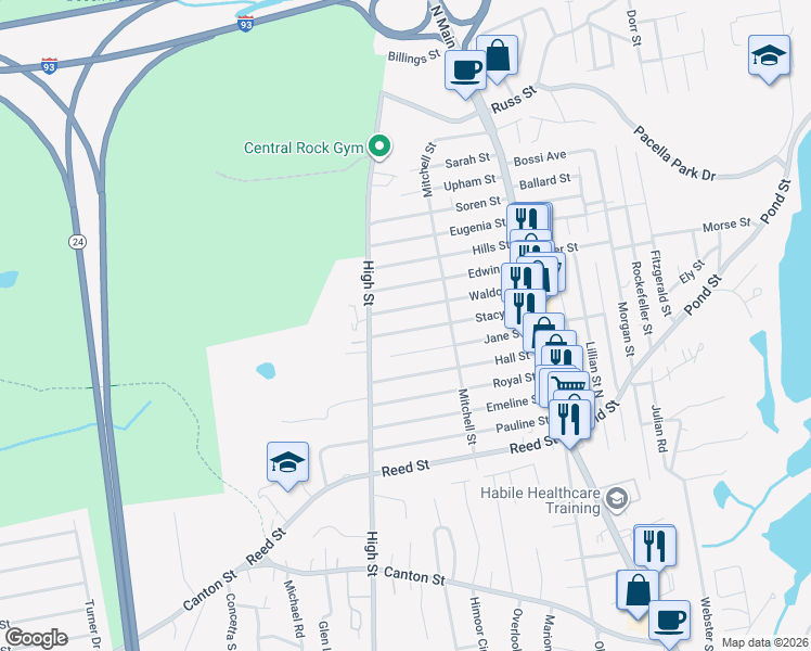 map of restaurants, bars, coffee shops, grocery stores, and more near 47 Stacy Street in Randolph