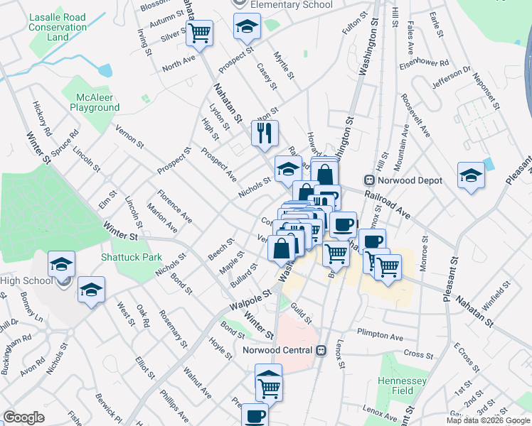 map of restaurants, bars, coffee shops, grocery stores, and more near 41 Maple Street in Norwood