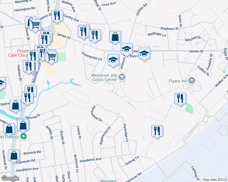 map of restaurants, bars, coffee shops, grocery stores, and more near 104 Johnson Road in Chicopee