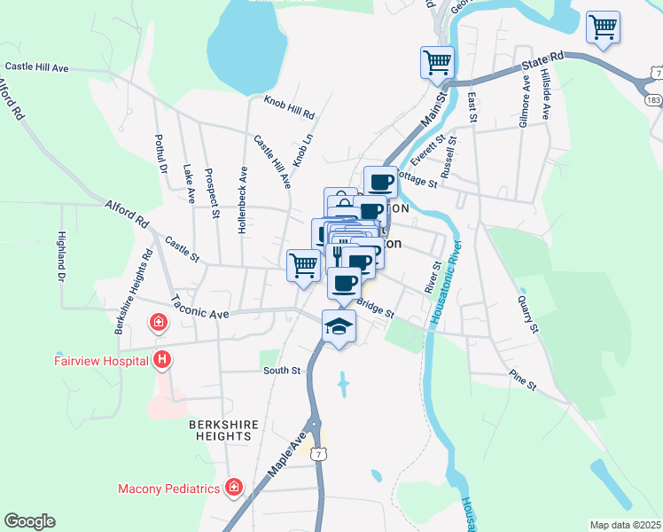 map of restaurants, bars, coffee shops, grocery stores, and more near 38 Railroad Street in Great Barrington