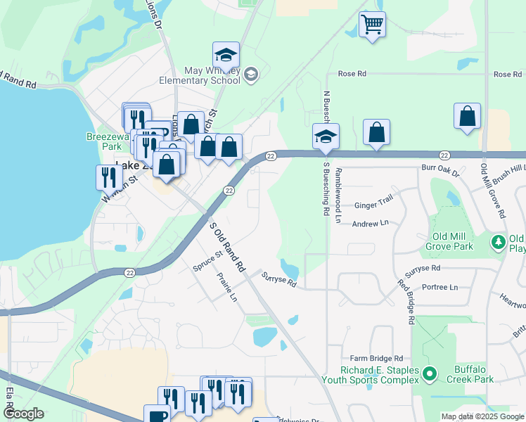 map of restaurants, bars, coffee shops, grocery stores, and more near 128D Mohawk Trail in Lake Zurich